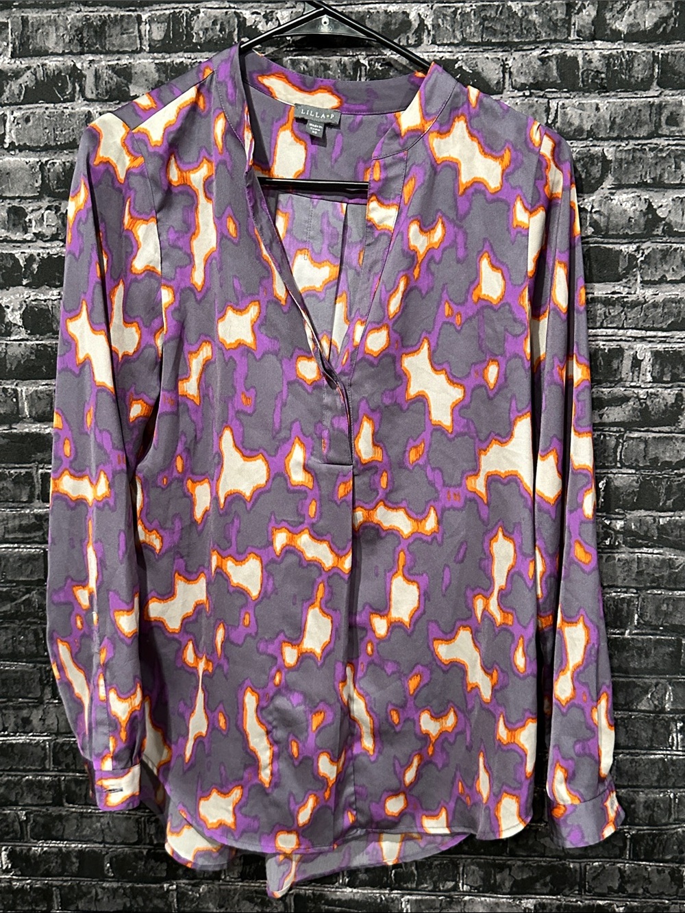 Lilla P Purple Abstract Print Long-Sleeve V-Neck Blouse